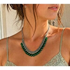 Green Necklace Lia Sophia Silver Chain Fringe Statement Bib 16" Y2K Minimalist